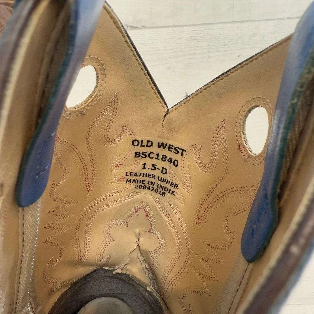 Old West Blue Brown Leather Square Toe Western Cowboy Boots kids size‎ 1.5